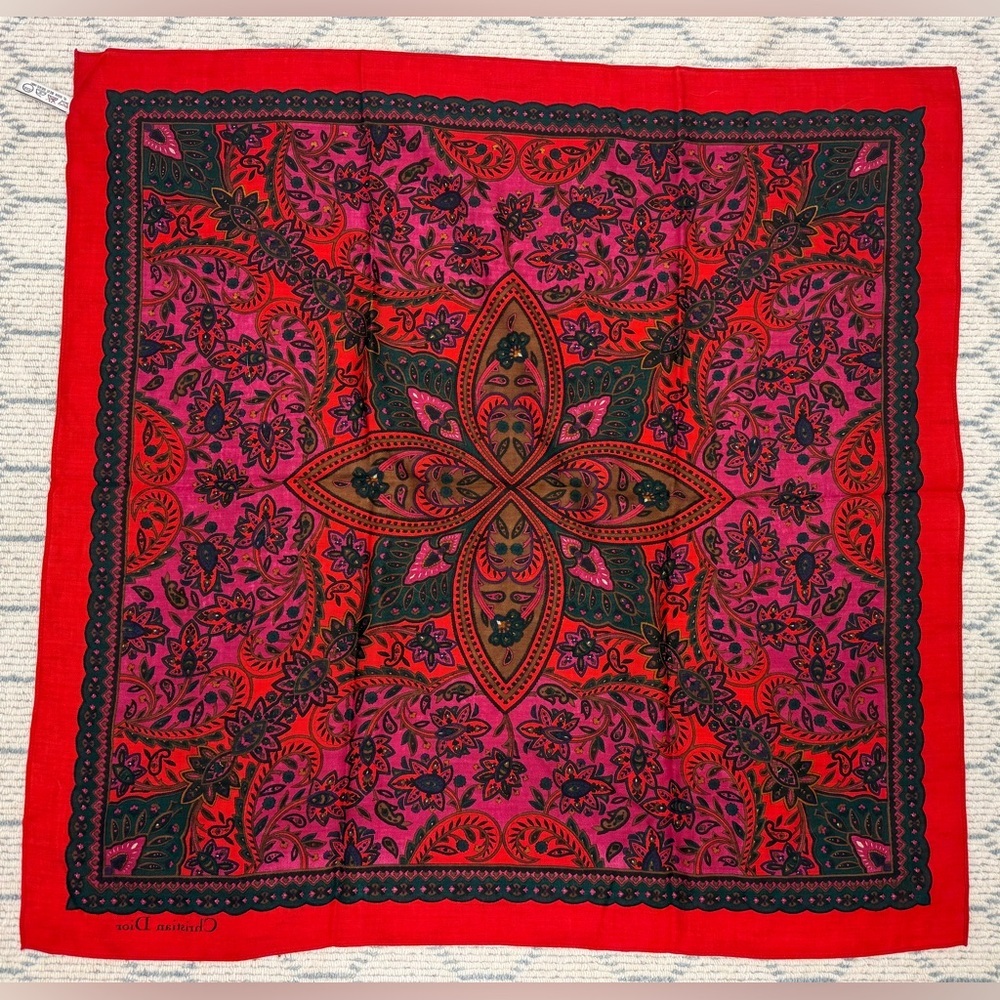 CHRISTIAN DIOR Vintage Rare Red Paisley Floral Retro 100% Wool Square Scarf - Picture 14 of 14